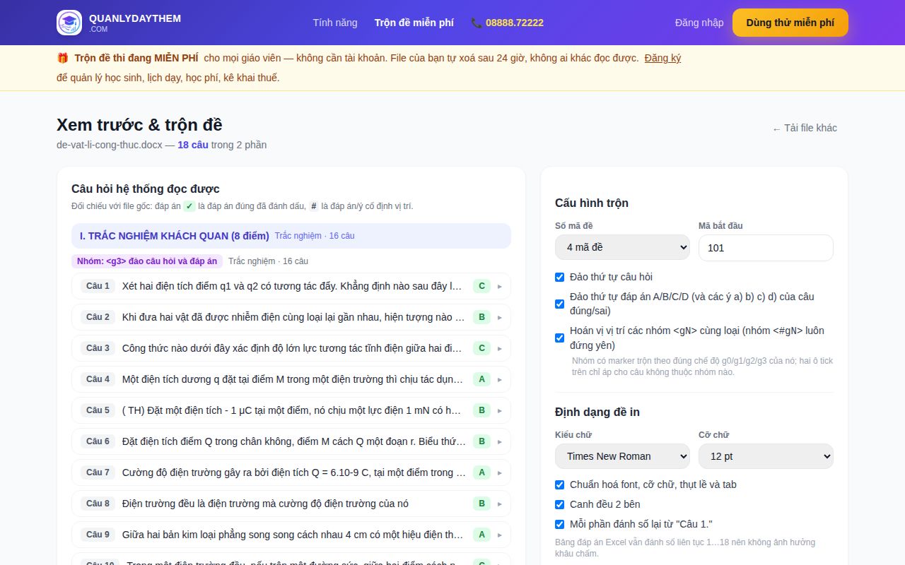 Trộn đề thi trắc nghiệm từ file Word miễn phí